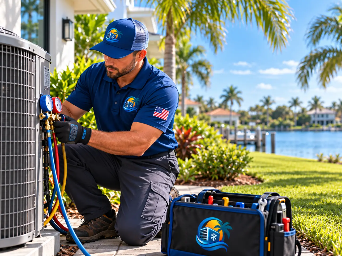HVAC technician checking refrigerant gauges on an outdoor air conditioner condenser at a Palm Bay home