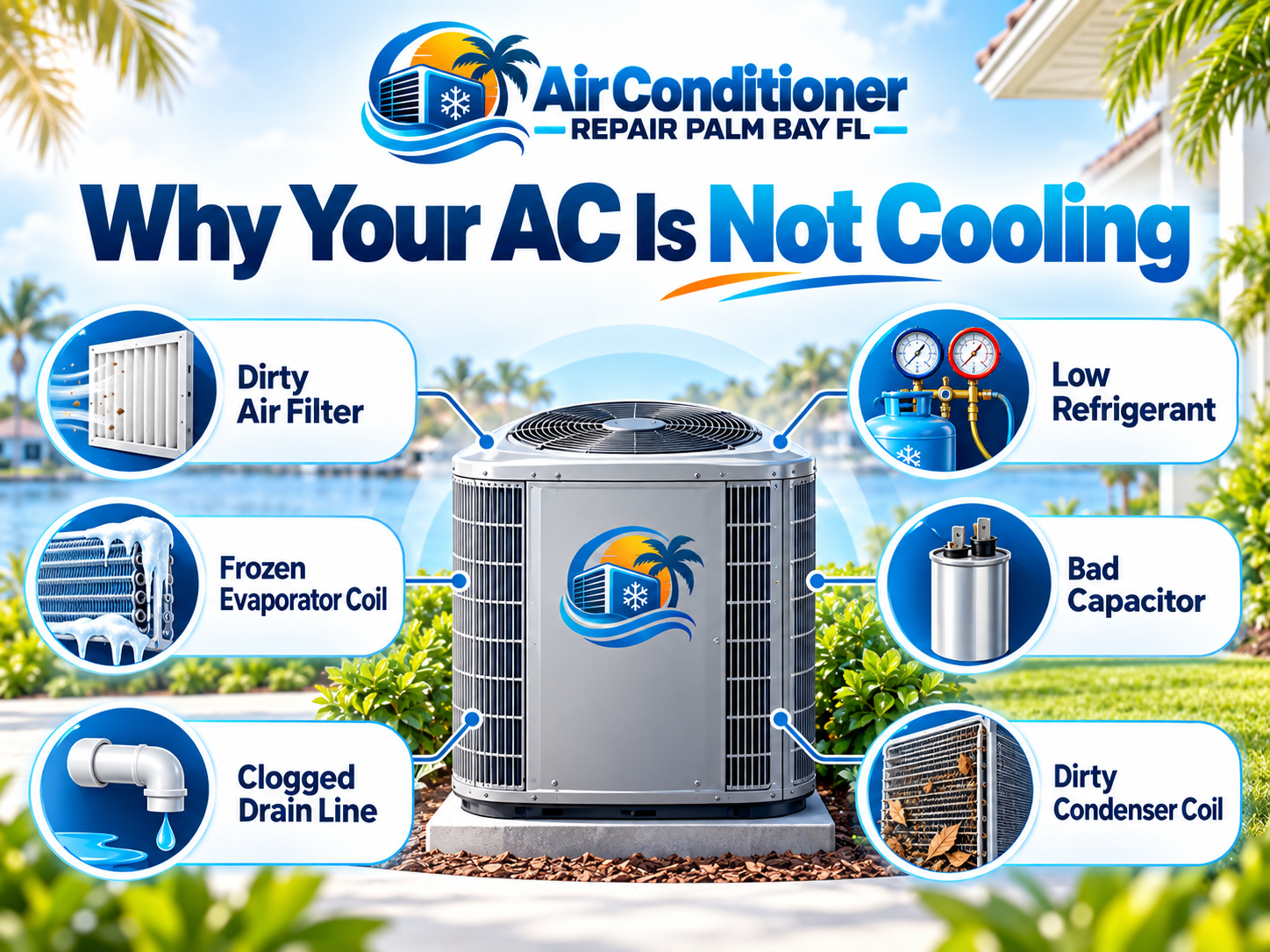 Diagram showing six common reasons an air conditioner is not cooling: dirty air filter, low refrigerant, frozen evaporator coil, bad capacitor, clogged drain line, and dirty condenser coil
