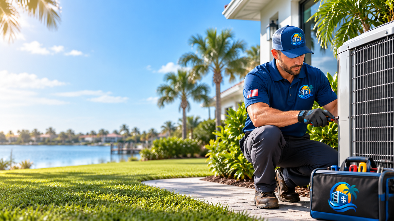 HVAC technician servicing an air conditioner condenser beside a Palm Bay, Florida waterfront home